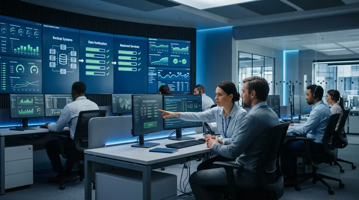 IT team recovering from a ransomware attack using backup restoration and incident response procedures